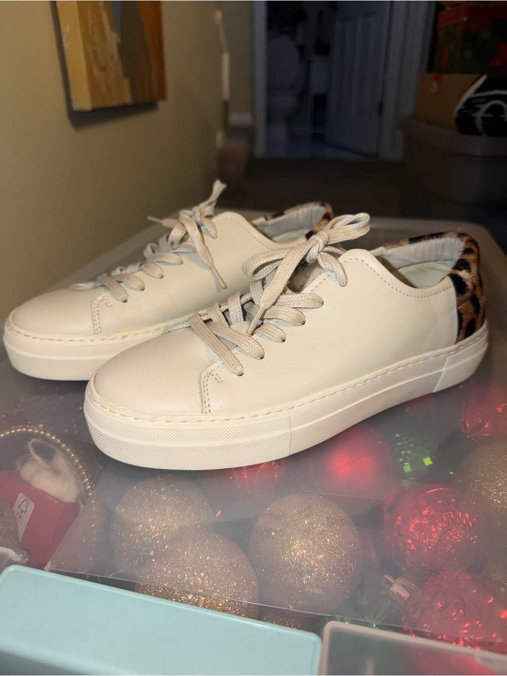 ABLE White Leather Low-Top Sneakers with Leopard Heel Accent